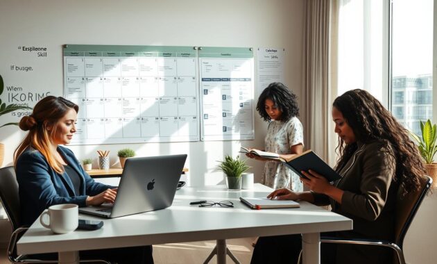 A diverse group of three women working collaboratively in a modern home office setting. In the foreground, one woman is focused on her laptop, engaged in a video call, dressed in smart casual attire, while another woman jots down notes in a stylish notebook. The third woman, in the background, adjusts a large wall-mounted calendar filled with deadlines and goals. The lighting is bright and natural, streaming in through a large window, casting soft shadows. The middle space features a clean desk with tech gadgets, plants, and inspirational quotes on the walls, creating an inviting atmosphere. The overall mood is professional yet relaxed, representing the essence of essential skills like communication, organization, and time management for remote jobs.