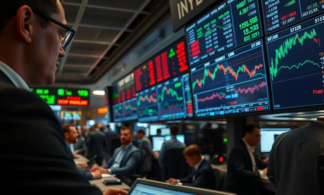 A dynamic trading scene capturing the essence of financial markets, featuring a close-up of a trading screen displaying fluctuating price charts for mutual funds and ETFs. In the foreground, a professional in business attire analyzes the screen, surrounded by graphs and numerical data. The middle section showcases multiple monitors with real-time trading information, enriched with vibrant green and red indicators symbolizing gains and losses. In the background, a bustling trading floor filled with focused traders immersed in their work, illuminated by soft, ambient lighting that creates a serious yet energetic atmosphere. The camera angle is slightly tilted, emphasizing the intensity of the trading environment, while the overall mood conveys a sense of urgency and active engagement in investment strategies.
