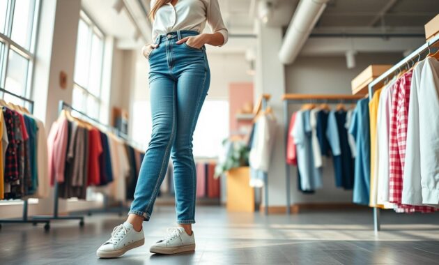 A fashionable petite woman confidently poses in high-waisted jeans, emphasizing their flattering fit and elongating effect on her legs. She stands in a bright, airy boutique, surrounded by colorful clothing racks and soft, natural light streaming through large windows. Her casual yet chic outfit is complemented by a tucked-in blouse and stylish sneakers, showcasing a contemporary urban vibe. The camera angle captures her from a slight low perspective, enhancing the appearance of length in her silhouette. The backdrop features soft pastel colors, creating an inviting atmosphere that highlights the focus on the high-waisted denim. The overall mood is stylish, uplifting, and empowering, perfect for promoting confidence in fashion choices. A fashionable petite woman confidently poses in high-waisted jeans, emphasizing their flattering fit and elongating effect on her legs. She stands in a bright, airy boutique, surrounded by colorful clothing racks and soft, natural light streaming through large windows. Her casual yet chic outfit is complemented by a tucked-in blouse and stylish sneakers, showcasing a contemporary urban vibe. The camera angle captures her from a slight low perspective, enhancing the appearance of length in her silhouette. The backdrop features soft pastel colors, creating an inviting atmosphere that highlights the focus on the high-waisted denim. The overall mood is stylish, uplifting, and empowering, perfect for promoting confidence in fashion choices.