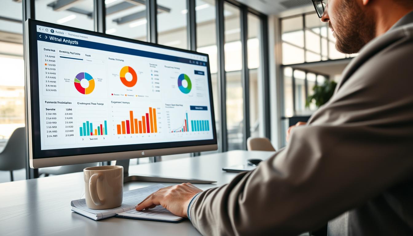AML analyst job description: a financial analyst reviews charts and transaction data to support case analysis