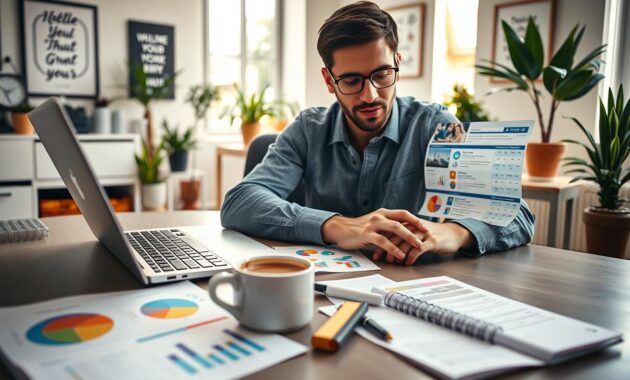 A focused individual seated at a modern desk, intently analyzing various online job listings displayed on a sleek laptop screen. The foreground showcases a colorful array of charts and graphs spread out beside the laptop, symbolizing research and evaluation. In the middle ground, a notepad filled with organized notes and a cup of coffee steam rising into the air add a cozy, productive atmosphere. The background features a bright home office with plants and framed motivational quotes, softly illuminated by natural sunlight streaming through a window. The mood is one of concentration and inspiration, conveying a professional yet inviting environment. A wide-angle lens captures a depth of field that emphasizes the subject's engagement with the task at hand.