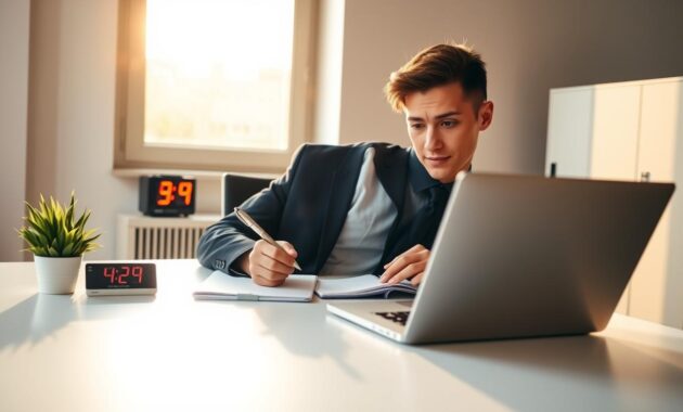 A focused, professional individual seated at a sleek desk, intently researching remote job opportunities on a laptop. In the foreground, the person, dressed in smart-casual business attire, has a notepad and pen in hand, jotting down notes. The middle ground features a bright, well-organized workspace with a potted plant and a digital clock showing '9:00 AM'. In the background, a large window lets in warm, natural light, creating an inviting and productive atmosphere. The room exudes a sense of calm and concentration, with soft shadows and a clean aesthetic. The overall mood is one of motivation and clarity, encouraging the viewer to feel inspired about finding remote work. The scene is framed at eye level, emphasizing the individual's engagement with their task.