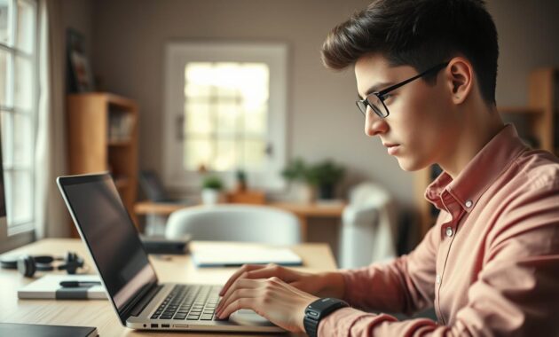 A focused scene depicting a home office setting, emphasizing the theme of transcription roles. In the foreground, a young adult wearing smart casual attire is actively typing on a laptop, with a look of concentration on their face. The middle layer features a clutter-free desk with a notebook, headphones, and a digital voice recorder, illustrating the tools of the trade. In the background, soft natural light filters through a window, casting a warm glow over the entire space, enhancing the productive atmosphere. The overall mood is calm yet focused, highlighting the importance of accuracy in typing as the individual captures spoken words into text. Use a soft-focus lens effect to create an inviting and immersive workspace feel. A focused scene depicting a home office setting, emphasizing the theme of transcription roles. In the foreground, a young adult wearing smart casual attire is actively typing on a laptop, with a look of concentration on their face. The middle layer features a clutter-free desk with a notebook, headphones, and a digital voice recorder, illustrating the tools of the trade. In the background, soft natural light filters through a window, casting a warm glow over the entire space, enhancing the productive atmosphere. The overall mood is calm yet focused, highlighting the importance of accuracy in typing as the individual captures spoken words into text. Use a soft-focus lens effect to create an inviting and immersive workspace feel.