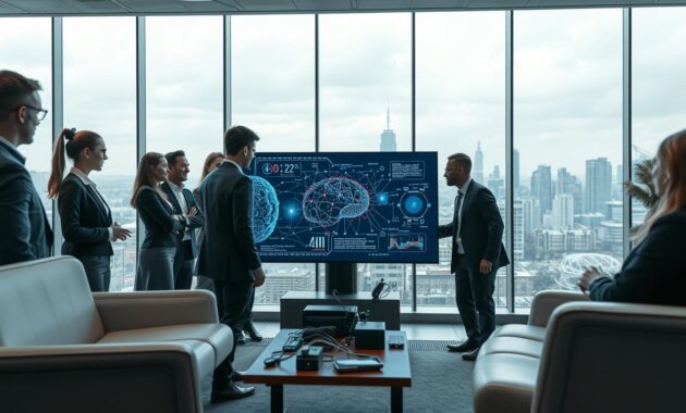 A futuristic workspace illustrating the concept of artificial intelligence and machine learning opportunities. In the foreground, a diverse group of professionals dressed in smart business attire is engaged in a collaborative discussion around a digital screen displaying neural networks and data visualizations. The middle ground features sleek, modern furniture with high-tech gadgets, emphasizing innovation and technology. In the background, a panoramic view of a city skyline through large windows, showcasing a bright, overcast day with soft natural light filtering in. The atmosphere conveys excitement and inspiration, capturing the potential of AI and machine learning in the modern work environment. The image is framed with a slight angle to add depth, creating an immersive experience without any text or overlays. A futuristic workspace illustrating the concept of artificial intelligence and machine learning opportunities. In the foreground, a diverse group of professionals dressed in smart business attire is engaged in a collaborative discussion around a digital screen displaying neural networks and data visualizations. The middle ground features sleek, modern furniture with high-tech gadgets, emphasizing innovation and technology. In the background, a panoramic view of a city skyline through large windows, showcasing a bright, overcast day with soft natural light filtering in. The atmosphere conveys excitement and inspiration, capturing the potential of AI and machine learning in the modern work environment. The image is framed with a slight angle to add depth, creating an immersive experience without any text or overlays.
