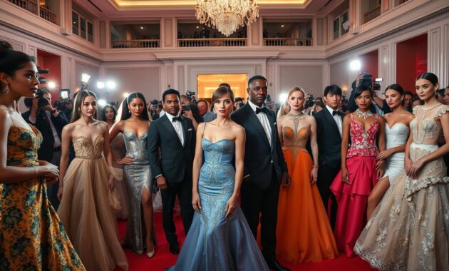 A glamorous red carpet scene capturing the essence of high-fashion designer collaborations. In the foreground, a diverse group of impeccably dressed individuals, representing various fashion brands, showcase stunning gowns and tailored suits with intricate detailing and bold colors. Each outfit features unique design elements, reflecting the creativity of collaborative collections. The middle ground reveals photographers capturing the moment with bright flashes, while onlookers admire the spectacle. The background features an elegantly designed venue with soft, ambient lighting, highlighting the luxurious atmosphere. The mood is celebratory and vibrant, capturing the excitement of fashion innovation on the red carpet. Utilize a wide-angle lens to encompass the entire scene, emphasizing both the details of the outfits and the grandeur of the event. A glamorous red carpet scene capturing the essence of high-fashion designer collaborations. In the foreground, a diverse group of impeccably dressed individuals, representing various fashion brands, showcase stunning gowns and tailored suits with intricate detailing and bold colors. Each outfit features unique design elements, reflecting the creativity of collaborative collections. The middle ground reveals photographers capturing the moment with bright flashes, while onlookers admire the spectacle. The background features an elegantly designed venue with soft, ambient lighting, highlighting the luxurious atmosphere. The mood is celebratory and vibrant, capturing the excitement of fashion innovation on the red carpet. Utilize a wide-angle lens to encompass the entire scene, emphasizing both the details of the outfits and the grandeur of the event.