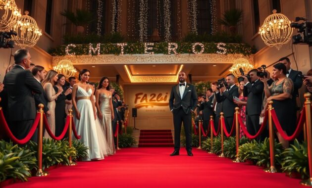 A grand red carpet event showcasing an iconic moment in fashion history. In the foreground, elegantly dressed individuals in refined evening attire and stylish accessories, poised confidently as if posing for a photograph. The middle ground features a vibrant red carpet lined with lush greenery and classic velvet ropes, creating an atmosphere of sophistication. The background includes a glamorous venue façade adorned with twinkling lights and cameras capturing the moment, enhancing the sense of anticipation and excitement. Soft, warm lighting casts a golden glow over the scene, adding to the celebratory mood. Framed from a low angle to emphasize the height and grandeur of the event, immerse the viewer in this unforgettable moment of landmark celebrity fashion. A grand red carpet event showcasing an iconic moment in fashion history. In the foreground, elegantly dressed individuals in refined evening attire and stylish accessories, poised confidently as if posing for a photograph. The middle ground features a vibrant red carpet lined with lush greenery and classic velvet ropes, creating an atmosphere of sophistication. The background includes a glamorous venue façade adorned with twinkling lights and cameras capturing the moment, enhancing the sense of anticipation and excitement. Soft, warm lighting casts a golden glow over the scene, adding to the celebratory mood. Framed from a low angle to emphasize the height and grandeur of the event, immerse the viewer in this unforgettable moment of landmark celebrity fashion.