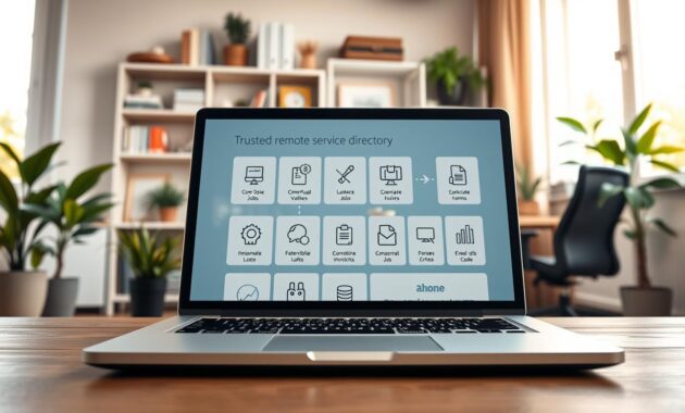 A modern and inviting scene illustrating a "trusted remote job service directory." In the foreground, a sleek, high-tech laptop displaying a user-friendly interface with icons representing various remote job categories. Surrounding the laptop, a cozy home office setting features a stylish desk with an ergonomic chair and green plants for a touch of nature. The middle ground showcases shelves filled with books and organizational tools, enhancing a productive atmosphere. In the background, a bright window allows warm, natural light to flow in, creating a cheerful ambiance. The mood is professional yet welcoming, emphasizing trust and accessibility for job seekers. No people present, ensuring focus on the directory concept. Capture the essence of a safe, efficient online work environment.