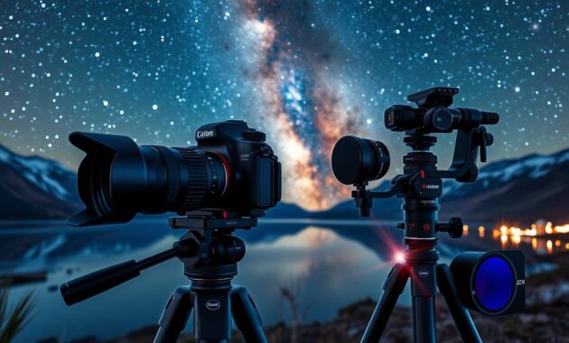 A modern astrophotography setup showcased in a dynamic environment. In the foreground, a high-end DSLR camera with a wide aperture lens is positioned on a sturdy tripod, capturing a breathtaking starry night sky filled with vibrant constellations and the Milky Way. The mid-ground features innovative astrophotography tools, including a star tracker and specialized filters, with their sleek designs highlighted by soft, ambient blue and purple lighting. In the background, scenic mountains and a tranquil lake reflect the celestial display above, enhancing the visual depth. The overall atmosphere exudes a sense of exploration and advanced technology, appealing to both enthusiasts and professionals. Lens flares and bokeh effects add a magical touch, while the mood is serene yet inspiring. A modern astrophotography setup showcased in a dynamic environment. In the foreground, a high-end DSLR camera with a wide aperture lens is positioned on a sturdy tripod, capturing a breathtaking starry night sky filled with vibrant constellations and the Milky Way. The mid-ground features innovative astrophotography tools, including a star tracker and specialized filters, with their sleek designs highlighted by soft, ambient blue and purple lighting. In the background, scenic mountains and a tranquil lake reflect the celestial display above, enhancing the visual depth. The overall atmosphere exudes a sense of exploration and advanced technology, appealing to both enthusiasts and professionals. Lens flares and bokeh effects add a magical touch, while the mood is serene yet inspiring.