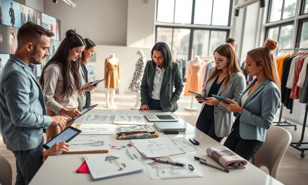 A modern fashion studio bustling with activity, set in a bright, airy space filled with digital screens showcasing fashion designs. In the foreground, a diverse group of professionals in trendy business attire are engaged in discussions, analyzing digital fashion trends on tablets and laptops. The middle layer features fashion sketches, mood boards, and fabric swatches scattered across a sleek table, highlighting the creative process. In the background, large windows allow natural light to flood the room, illuminating mannequins and vibrant clothing racks. The atmosphere is dynamic and collaborative, exuding energy and innovation in the fashion industry, with a focus on the importance of digital media in shaping careers. Use soft, natural lighting with a shallow depth of field to enhance the image's professional yet creative vibe. A modern fashion studio bustling with activity, set in a bright, airy space filled with digital screens showcasing fashion designs. In the foreground, a diverse group of professionals in trendy business attire are engaged in discussions, analyzing digital fashion trends on tablets and laptops. The middle layer features fashion sketches, mood boards, and fabric swatches scattered across a sleek table, highlighting the creative process. In the background, large windows allow natural light to flood the room, illuminating mannequins and vibrant clothing racks. The atmosphere is dynamic and collaborative, exuding energy and innovation in the fashion industry, with a focus on the importance of digital media in shaping careers. Use soft, natural lighting with a shallow depth of field to enhance the image's professional yet creative vibe.