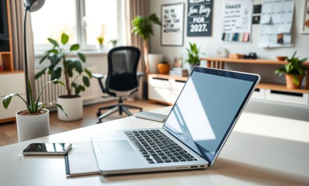 A modern home office scene showcasing tools and technologies empowering remote work. In the foreground, a sleek laptop is open on a stylish desk, with a digital notepad and a smartphone displaying productivity apps beside it. The middle ground features a comfortable ergonomic chair and a vibrant indoor plant, adding a touch of warmth. In the background, a large window lets in natural light, illuminating the space. A wall is adorned with inspirational quotes and a calendar, emphasizing organization and motivation. The overall atmosphere is professional yet cozy, reflecting a productive remote work environment. The scene is well-lit with soft daylight, shot from a slightly elevated angle to capture the entire workspace harmoniously.
