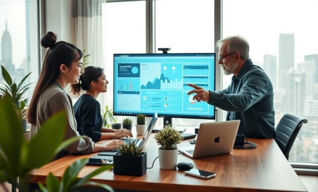 A modern home office scene with a diverse group of professionals collaborating over a digital project. In the foreground, a young woman of Asian descent in smart casual attire is focused on her laptop, while a middle-aged man of African descent gestures towards a shared screen displaying innovative software. The middle ground features a stylish wooden desk with office plants and tech gadgets, while a well-lit window in the background reveals a bustling city skyline. Soft, natural lighting streams through the glass, casting a warm glow over the workspace, evoking an atmosphere of creativity and productivity. Capture the essence of the evolving workplace, highlighting the synergy of technology and teamwork in a remote setting. A modern home office scene with a diverse group of professionals collaborating over a digital project. In the foreground, a young woman of Asian descent in smart casual attire is focused on her laptop, while a middle-aged man of African descent gestures towards a shared screen displaying innovative software. The middle ground features a stylish wooden desk with office plants and tech gadgets, while a well-lit window in the background reveals a bustling city skyline. Soft, natural lighting streams through the glass, casting a warm glow over the workspace, evoking an atmosphere of creativity and productivity. Capture the essence of the evolving workplace, highlighting the synergy of technology and teamwork in a remote setting.