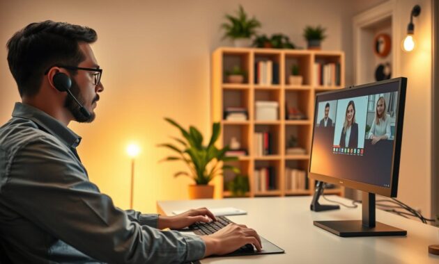 A modern home office setting depicting a professional customer service representative engaged in a video call. In the foreground, a focused individual wearing business casual attire is seen at a sleek desk with dual monitors displaying supportive customer interactions. The mid-ground features a lush indoor plant and a cozy ambiance from warm halogen lighting, creating an inviting atmosphere. In the background, a well-organized bookshelf complements the space, hinting at a blend of professionalism and personal flair. The lighting is soft yet illuminating, casting gentle shadows. The angle captures a dynamic composition that conveys the efficiency and effectiveness of remote customer service. The overall mood is productive and positive, showcasing real impact in an innovative work-from-home environment. A modern home office setting depicting a professional customer service representative engaged in a video call. In the foreground, a focused individual wearing business casual attire is seen at a sleek desk with dual monitors displaying supportive customer interactions. The mid-ground features a lush indoor plant and a cozy ambiance from warm halogen lighting, creating an inviting atmosphere. In the background, a well-organized bookshelf complements the space, hinting at a blend of professionalism and personal flair. The lighting is soft yet illuminating, casting gentle shadows. The angle captures a dynamic composition that conveys the efficiency and effectiveness of remote customer service. The overall mood is productive and positive, showcasing real impact in an innovative work-from-home environment.