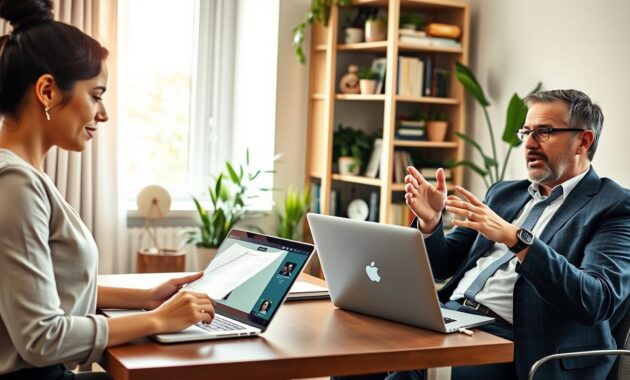 A modern home office setting, featuring a diverse group of three individuals engaged in learning and certification for remote careers. In the foreground, a young woman in smart casual attire sits at a desk with a laptop open, taking notes while a certification course video plays on the screen. To her right, a middle-aged man, dressed in professional attire, is discussing a project with a colleague via video call, gesturing enthusiastically. In the background, a tall bookshelf filled with educational resources and plants creates a calming atmosphere. Soft, natural lighting filters through a window, casting a warm glow across the room. The overall mood is energetic and inspiring, emphasizing collaboration and growth in the remote work landscape.