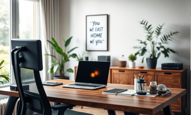 A modern home office setup designed for remote work success. In the foreground, a stylish wooden desk features an ergonomic chair, a sleek laptop, and a few essential office supplies neatly organized. A cozy, comfortable ambiance is enhanced by a desk lamp casting warm light. In the middle, a large plant adds freshness, and a motivational wall art piece hangs in soft focus. The background shows a well-lit room with a window allowing natural light to flood in, revealing a peaceful garden view. The overall mood is inspiring and professional, suitable for productivity. The scene conveys a balance of comfort and efficiency, depicting a successful remote work environment. A modern home office setup designed for remote work success. In the foreground, a stylish wooden desk features an ergonomic chair, a sleek laptop, and a few essential office supplies neatly organized. A cozy, comfortable ambiance is enhanced by a desk lamp casting warm light. In the middle, a large plant adds freshness, and a motivational wall art piece hangs in soft focus. The background shows a well-lit room with a window allowing natural light to flood in, revealing a peaceful garden view. The overall mood is inspiring and professional, suitable for productivity. The scene conveys a balance of comfort and efficiency, depicting a successful remote work environment.