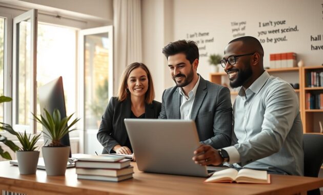 A modern home office setup in a bright, airy room, featuring a well-organized desk with a computer, books, and a plant. In the foreground, a diverse group of three professionals, one Black woman and two Caucasian men, all dressed in smart casual business attire, are engaged in a focused video conference on a laptop, displaying expressions of collaboration and support. In the middle ground, an open window reveals a serene garden outside, with soft natural light illuminating the space. The background showcases shelves filled with books and inspirational quotes on the wall, creating a motivating atmosphere. The overall mood is calm, secure, and productive, evoking a sense of community and support in remote work settings. The composition is captured from a slightly elevated angle, emphasizing the workspace's functionality and warmth.