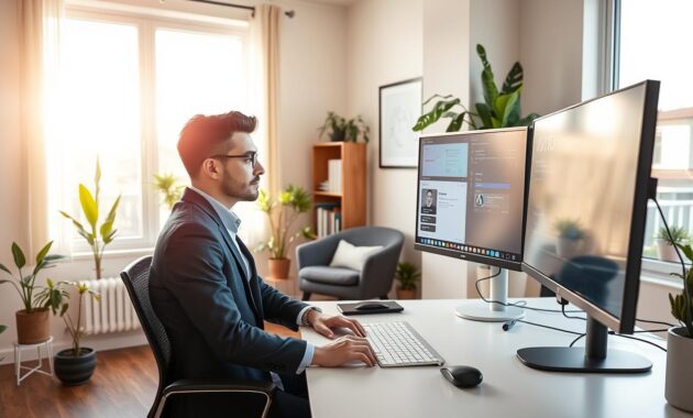 A modern home office setup showcasing a professional remote work environment. In the foreground, a focused individual dressed in smart business-casual attire, seated at a sleek desk with multiple monitors displaying productivity tools and communication apps. The middle features a cozy yet sophisticated home setting with plants and contemporary decor, a comfortable chair, and a small bookshelf filled with tech books. In the background, a large window allowing natural light to pour in, illuminating the room and creating a warm, inviting atmosphere. The sunlight casts soft shadows, enhancing the peaceful productivity vibe. The image conveys a sense of efficiency and comfort, portraying the seamless blend of technology and home life for remote work success.