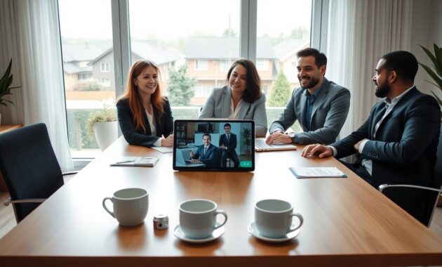 A modern home office setup showcasing remote sales and management opportunities. In the foreground, a diverse group of three professionals—one woman and two men—are engaged in a video conference, dressed in smart business attire. The middle ground features a sleek desk with a laptop, notepads, and coffee mugs, illustrating productivity. A large window in the background lets in natural light, with a view of a serene neighborhood, enhancing the warm and inviting atmosphere. The overall mood conveys collaboration and success in a remote work environment. Soft lighting highlights the professionals' focused expressions while maintaining a clean and organized workspace, shot from a slight angle to add depth. A modern home office setup showcasing remote sales and management opportunities. In the foreground, a diverse group of three professionals—one woman and two men—are engaged in a video conference, dressed in smart business attire. The middle ground features a sleek desk with a laptop, notepads, and coffee mugs, illustrating productivity. A large window in the background lets in natural light, with a view of a serene neighborhood, enhancing the warm and inviting atmosphere. The overall mood conveys collaboration and success in a remote work environment. Soft lighting highlights the professionals' focused expressions while maintaining a clean and organized workspace, shot from a slight angle to add depth.
