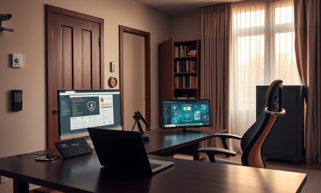 A modern home office setup showcasing robust security features. In the foreground, a sleek desk with a high-end laptop and an ergonomic chair, equipped with a webcam cover and a biometric lock. A multi-monitor display shows security software in action. The middle ground features a smart lock on the office door, a security camera mounted in the corner, and a fireproof safe beside a bookshelf filled with professional books. In the background, a large window allows natural light to flood the space, with curtains drawn to ensure privacy. The atmosphere is calm and focused, conveying a sense of security and professionalism. Use soft, diffuse lighting for a warm effect, shot from a slightly elevated angle to capture the entire setup. A modern home office setup showcasing robust security features. In the foreground, a sleek desk with a high-end laptop and an ergonomic chair, equipped with a webcam cover and a biometric lock. A multi-monitor display shows security software in action. The middle ground features a smart lock on the office door, a security camera mounted in the corner, and a fireproof safe beside a bookshelf filled with professional books. In the background, a large window allows natural light to flood the space, with curtains drawn to ensure privacy. The atmosphere is calm and focused, conveying a sense of security and professionalism. Use soft, diffuse lighting for a warm effect, shot from a slightly elevated angle to capture the entire setup.