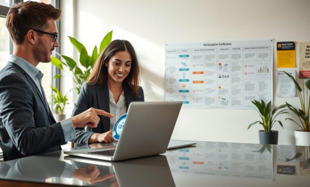 A modern office workspace highlighting the concept of job safety verification and certification. In the foreground, a professional man and woman, both dressed in smart business attire, sit at a sleek, organized desk with a laptop open, displaying a digital certification badge on the screen. They are engaged in a discussion, pointing to the screen, with focused expressions. In the middle ground, a large chart or poster on the wall illustrates various safety guidelines and certifications in graphic form. The background showcases a well-lit office environment with green plants and motivational posters. Soft, natural lighting filters through a large window, creating a warm and inviting atmosphere. The image conveys professionalism, safety, and trustworthiness in remote job settings.