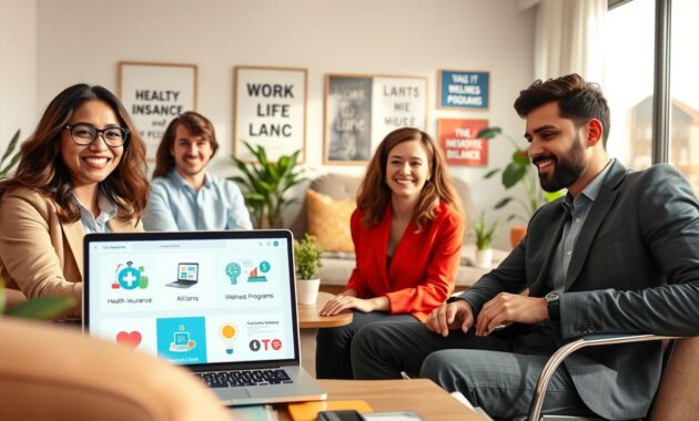 A modern remote workspace scene showcasing competitive employee benefits for remote jobs. In the foreground, a diverse group of professionals in stylish business casual attire comfortably engaged in a virtual meeting. One person is holding a laptop with images of health insurance plans and wellness programs displayed on the screen. In the middle ground, an inviting home office setup featuring ergonomic furniture, plants, and motivational posters emphasizing work-life balance. The background depicts a bright, cozy living space with large windows allowing natural light to flood the room, creating a warm and productive atmosphere. The lighting is soft and inviting, evoking a sense of collaboration and support in the remote work environment. The overall mood feels positive and encouraging, emphasizing the importance of employee benefits. A modern remote workspace scene showcasing competitive employee benefits for remote jobs. In the foreground, a diverse group of professionals in stylish business casual attire comfortably engaged in a virtual meeting. One person is holding a laptop with images of health insurance plans and wellness programs displayed on the screen. In the middle ground, an inviting home office setup featuring ergonomic furniture, plants, and motivational posters emphasizing work-life balance. The background depicts a bright, cozy living space with large windows allowing natural light to flood the room, creating a warm and productive atmosphere. The lighting is soft and inviting, evoking a sense of collaboration and support in the remote work environment. The overall mood feels positive and encouraging, emphasizing the importance of employee benefits.
