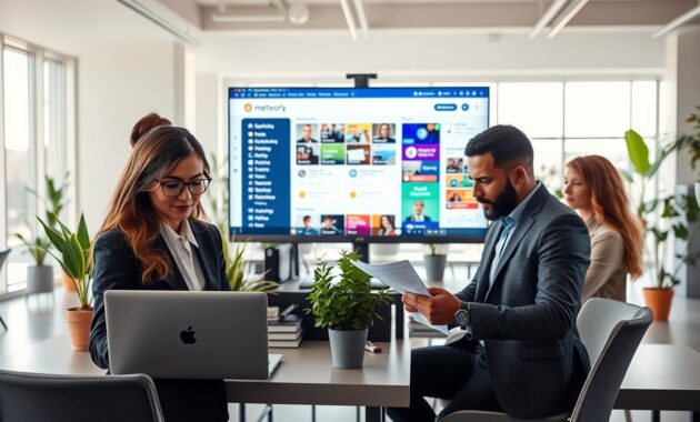A modern, sleek workspace featuring a diverse group of professionals engaged in a job search using various digital platforms. In the foreground, a confident woman in business attire is using a laptop, with job listings displayed on the screen, while a man beside her is analyzing a document, both appearing focused and collaborative. In the middle ground, a large computer monitor displays a vibrant dashboard of job platforms and networking sites, surrounded by potted plants for a touch of warmth. The background reveals a bright, open office space bathed in natural light from large windows, creating an inviting atmosphere. The scene conveys a sense of motivation and ambition, capturing the essence of leveraging technology for career opportunities. The composition is framed at a slight angle, enhancing depth and engagement.