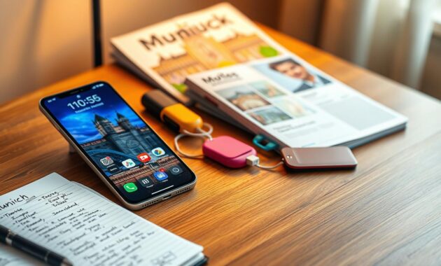 A modern smartphone on a sleek wooden table, with a travel-themed wallpaper displayed on the screen. Nearby, a neatly arranged assortment of essential travel apps, including maps, translation, and travel guides. In the foreground, an open notebook with handwritten notes about Munich and a pen resting beside it, creating an organized travel vibe. In the middle, a portable charger and colorful travel accessories like a luggage tag and passport holder. In the background, a soft-focused travel guidebook about Munich, invoking a sense of adventure. The lighting is warm and inviting, with a cozy atmosphere, as if the setup was created in a well-lit home office corner. The composition should evoke excitement and readiness for travel, with a focus on technological preparation.