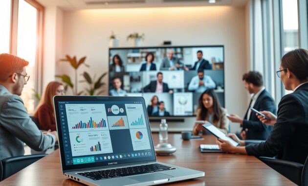 A modern, spacious virtual office setting designed for remote collaboration, featuring a diverse group of professionals engaged in a video conference. In the foreground, a laptop displaying a collaborative digital workspace with colorful graphs and documents. The middle layer showcases team members in professional attire, focused and interacting, some taking notes while others share ideas, all on large screens and tablets. The background depicts a large window with a bright, natural light pouring in, plants on a windowsill, and a stylish design aesthetic that conveys productivity. The mood is inspiring and energetic, emphasizing teamwork and innovation in a distributed environment. Lighting is soft yet bright, enhancing a warm, welcoming atmosphere.
