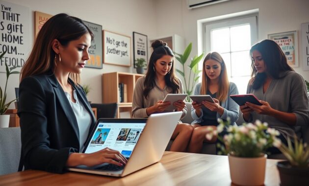A modern workspace featuring a diverse group of professional women engaging with digital platforms for job searches. In the foreground, a woman in smart casual attire is focused on her laptop, analyzing job listings on a vibrant website. The middle features two women discussing job strategies while holding tablets, highlighting collaboration and networking. The background showcases a cozy home office setting with soft natural lighting streaming in through a window, plants, and motivational quotes on the walls, creating an inspiring yet professional atmosphere. The angle is slightly elevated, capturing the dynamic interaction and the inviting environment. The overall mood is empowering, reflecting a forward-thinking approach to career opportunities in the digital age.