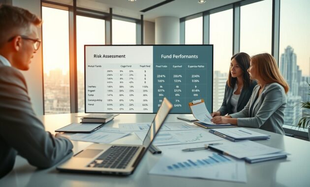 A modern workspace featuring an executive desk with a laptop, financial charts, and documents spread out, symbolizing the process of choosing mutual funds. In the foreground, a diverse group of three professionals in business attire, engaged in a discussion over the charts. The middle ground highlights a large screen displaying key factors such as "Risk Assessment," "Fund Performance," and "Expense Ratios" in a visually engaging format. In the background, a bright, well-lit office environment with large windows showing a cityscape, creating an atmosphere of productivity and professionalism. The image is shot from a slightly elevated angle to capture the collaboration and focus in the workspace, with soft, natural lighting to enhance the inviting mood.