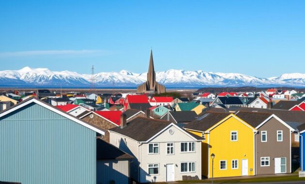 A panoramic view of Reykjavik, Iceland, showcasing its charming, colorful houses in the foreground, with clean lines and a quaint atmosphere. In the middle ground, include the iconic Hallgr&iacute;mskirkja church rising majestically with its unique architecture. Surrounding the town, the dramatic backdrop of snow-capped mountains and clear blue skies evokes a sense of adventure. Capture the scene on a bright day with soft, natural lighting highlighting the vibrant colors of the buildings and the peaceful ambiance of the city. Use a wide-angle lens to emphasize the expanse of both the town and the surrounding landscapes, instilling a mood of tranquility and exploration perfect for a solo traveler&rsquo;s day tour in Reykjavik.