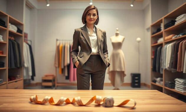 A petite woman stands confidently in a well-lit boutique, showcasing a perfectly tailored outfit that accentuates her frame. She is wearing a chic, modern blazer paired with neatly fitted trousers, demonstrating expert tailoring that flatters her silhouette. In the foreground, a tailored measuring tape and fabric swatches lay on a wooden table, signifying the importance of fit. The middle ground features a tailor's mannequin draped in a stylish dress, surrounded by colorful spools of thread. The background reveals shelves filled with neatly folded garments and soft, diffused lighting creates an inviting atmosphere. The mood is inspiring and professional, emphasizing the transformative power of proper tailoring for petite women. The angle captures both the woman and the surrounding elements, highlighting the elegance of fashion and fit. A petite woman stands confidently in a well-lit boutique, showcasing a perfectly tailored outfit that accentuates her frame. She is wearing a chic, modern blazer paired with neatly fitted trousers, demonstrating expert tailoring that flatters her silhouette. In the foreground, a tailored measuring tape and fabric swatches lay on a wooden table, signifying the importance of fit. The middle ground features a tailor's mannequin draped in a stylish dress, surrounded by colorful spools of thread. The background reveals shelves filled with neatly folded garments and soft, diffused lighting creates an inviting atmosphere. The mood is inspiring and professional, emphasizing the transformative power of proper tailoring for petite women. The angle captures both the woman and the surrounding elements, highlighting the elegance of fashion and fit.
