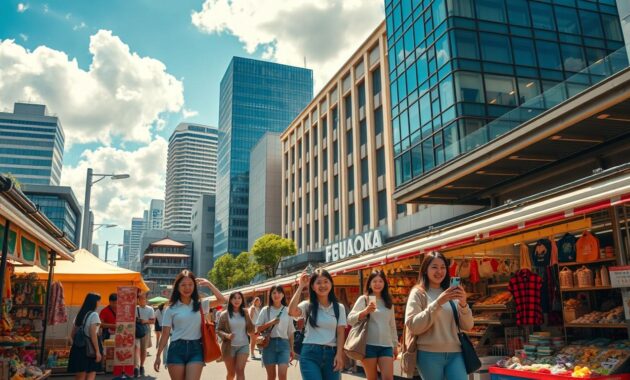 A picturesque day trip in Fukuoka, featuring a vibrant, lively street market scene in the foreground with stalls displaying colorful local foods and handmade crafts. In the middle ground, a diverse group of tourists&mdash;dressed in modest casual attire&mdash;explore the market joyfully, capturing moments on their smartphones. The background showcases Fukuoka's iconic architecture, with sleek modern buildings juxtaposed against traditional Japanese structures. The scene is bathed in warm, golden sunlight, creating a welcoming atmosphere, while fluffy white clouds float in a bright blue sky. Use a slightly low angle to emphasize the bustling energy of the market and the beauty of Fukuoka's unique urban landscape. The overall mood should be cheerful and adventurous, perfect for a day of exploration.