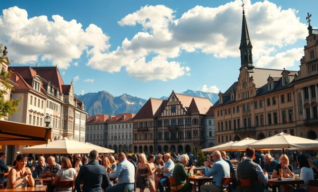 A picturesque scene depicting the best time to visit Munich, reflecting vibrant seasonal highlights. In the foreground, a charming beer garden with people enjoying traditional Bavarian cuisine and drinks, dressed in smart casual clothing. The middle layer showcases the iconic Marienplatz with its stunning historic architecture, including the Neues Rathaus and Glockenspiel, under a bright blue sky with fluffy white clouds. In the background, the serene silhouettes of the Bavarian Alps create a majestic backdrop. Soft, warm lighting bathes the scene, evoking a sense of joy and celebration. The atmosphere is lively yet relaxed, capturing the essence of Munich's charm during the spring or early autumn. The focus is on natural beauty and cultural richness, immersing viewers in inviting and pleasant weather.