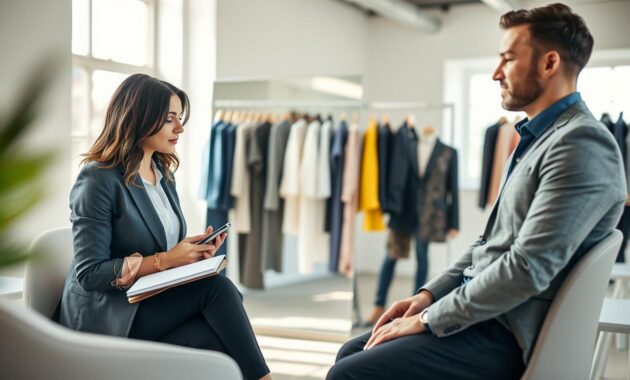 A professional fashion stylist engaged in a one-on-one consultation with a client in a bright, modern studio. In the foreground, the stylist, a woman in chic business attire, is attentively listening, taking notes on a stylish notepad. The client, a man dressed in smart-casual clothing, sits across from her, looking interested and relaxed. In the middle ground, a full-length mirror reflects various outfits displayed on clothing racks, showcasing a range of styles from formal to casual. The background features soft natural lighting coming in through large windows, creating an inviting and warm atmosphere. The overall mood is professional yet friendly, emphasizing personalized attention and collaboration in fashion choices. Use a shallow depth of field to focus on the subjects while softly blurring the background.