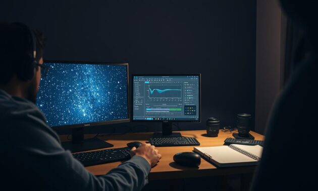 A professional photographer seated at a computer desk, engaged in the editing process of star photos. The foreground features the glowing screen displaying an image of a night sky filled with stars, showcasing before-and-after comparisons of noise reduction techniques. In the middle, a neatly arranged workspace with editing software visible, including sliders and tools for enhancing the star images. The background is dimly lit, simulating a serene nighttime atmosphere with soft, ambient lighting. The room is clutter-free, with only essential equipment such as a DSLR camera, a lens, and a notebook of photography tips. This scene conveys focus and professionalism, emphasizing the meticulous nature of photo editing in astrophotography. A professional photographer seated at a computer desk, engaged in the editing process of star photos. The foreground features the glowing screen displaying an image of a night sky filled with stars, showcasing before-and-after comparisons of noise reduction techniques. In the middle, a neatly arranged workspace with editing software visible, including sliders and tools for enhancing the star images. The background is dimly lit, simulating a serene nighttime atmosphere with soft, ambient lighting. The room is clutter-free, with only essential equipment such as a DSLR camera, a lens, and a notebook of photography tips. This scene conveys focus and professionalism, emphasizing the meticulous nature of photo editing in astrophotography.