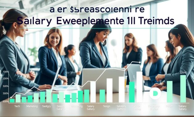 A professional, visually engaging infographic representation of "Salary Expectations and Market Trends". In the foreground, showcase a diverse group of women in professional business attire, engaged in a discussion around a table with laptops and charts illustrating salary trends. In the middle ground, feature upward-trending graphs and bar charts demonstrating fluctuating salary figures, with subtle icons representing various work-from-home job categories like tech, marketing, and design. The background should include a modern, well-lit office environment, with large windows letting in natural light, creating a bright and optimistic atmosphere. The color palette should consist of blues, greens, and warm neutrals to convey professionalism and hope, while the overall perspective is slightly angled to provide depth and dynamism to the composition.