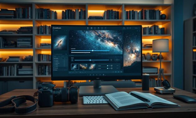 A professional workspace featuring a large computer screen displaying Adobe Lightroom's interface, with vibrant astrophotography images as examples. In the foreground, a well-organized desk with essential editing tools like a high-end camera, a color calibration tool, and a notepad filled with editing tips. In the middle ground, the monitor showcases sliders for global adjustments, with highlights in blue and warm tones, illustrating lens corrections applied to the starry sky. The background includes dimly lit shelves filled with photography books, creating an inspiring atmosphere. Soft ambient lighting enhances the professionalism of the space while emphasizing the warm glow from the screen. The mood should evoke a sense of creativity and focus, ideal for editing celestial images in a modern editing environment. A professional workspace featuring a large computer screen displaying Adobe Lightroom's interface, with vibrant astrophotography images as examples. In the foreground, a well-organized desk with essential editing tools like a high-end camera, a color calibration tool, and a notepad filled with editing tips. In the middle ground, the monitor showcases sliders for global adjustments, with highlights in blue and warm tones, illustrating lens corrections applied to the starry sky. The background includes dimly lit shelves filled with photography books, creating an inspiring atmosphere. Soft ambient lighting enhances the professionalism of the space while emphasizing the warm glow from the screen. The mood should evoke a sense of creativity and focus, ideal for editing celestial images in a modern editing environment.