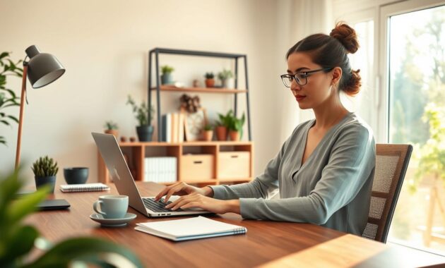 A serene home office scene illustrating remote work life balance. In the foreground, a professional woman in modest casual clothing is seated at a stylish wooden desk, working on a laptop with a notepad and a cup of coffee nearby. In the middle, a well-organized shelf with plants and books adds a touch of greenery and personal warmth. The background features a large window showing a sunny outdoor view with trees, creating a bright and inviting atmosphere. The lighting is soft and natural, with warm sunlight streaming in, enhancing the feeling of comfort and productivity. The overall mood conveys harmony, focus, and the advantages of working from home.