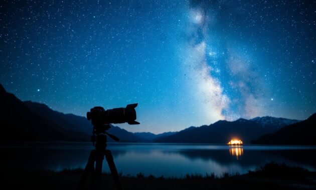 A serene landscape at night featuring a clear, starry sky dominated by the Milky Way, vividly capturing its shimmering colors of blues, purples, and whites. In the foreground, a silhouette of a tripod-mounted camera with a wide-angle lens, set at a low angle to capture the expansive view. The middle ground includes a tranquil lake reflecting the starlit sky, enhancing the celestial atmosphere. The background showcases majestic mountains under the starlight, adding depth and scale to the scene. Soft ambient lighting illuminates the camera and tripod, creating a calming and inviting mood. The scene conveys a sense of wonder and inspiration for beginners eager to explore Milky Way photography settings. A serene landscape at night featuring a clear, starry sky dominated by the Milky Way, vividly capturing its shimmering colors of blues, purples, and whites. In the foreground, a silhouette of a tripod-mounted camera with a wide-angle lens, set at a low angle to capture the expansive view. The middle ground includes a tranquil lake reflecting the starlit sky, enhancing the celestial atmosphere. The background showcases majestic mountains under the starlight, adding depth and scale to the scene. Soft ambient lighting illuminates the camera and tripod, creating a calming and inviting mood. The scene conveys a sense of wonder and inspiration for beginners eager to explore Milky Way photography settings.