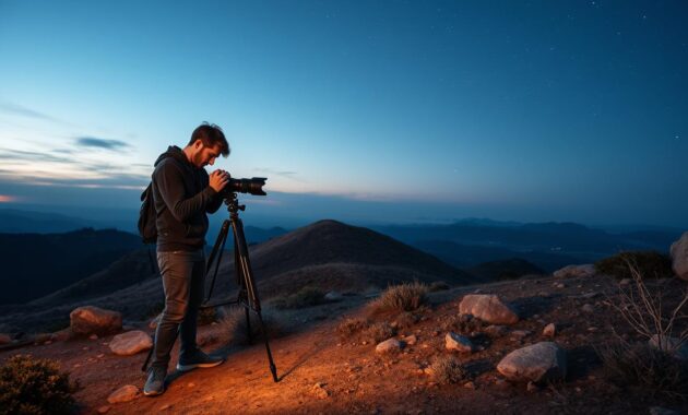 A serene landscape at twilight, showcasing a photographer setting up their DSLR camera on a sturdy tripod. In the foreground, the photographer, wearing casual yet professional attire, examines their equipment, which includes a wide-angle lens and a star chart. The middle ground features a rolling hill under a vast, darkening sky, with scattered boulders and low shrubbery enhancing the natural setting. The background reveals distant mountains silhouetted against the deepening blue of the sky, sprinkled with the first hints of stars. The mood is calm and focused, suggesting anticipation for the stunning night sky to come. Soft, diffused light illuminates the scene, hinting at the golden glow of twilight as the last remnants of sunlight fade, creating a sense of tranquility and wonder. A serene landscape at twilight, showcasing a photographer setting up their DSLR camera on a sturdy tripod. In the foreground, the photographer, wearing casual yet professional attire, examines their equipment, which includes a wide-angle lens and a star chart. The middle ground features a rolling hill under a vast, darkening sky, with scattered boulders and low shrubbery enhancing the natural setting. The background reveals distant mountains silhouetted against the deepening blue of the sky, sprinkled with the first hints of stars. The mood is calm and focused, suggesting anticipation for the stunning night sky to come. Soft, diffused light illuminates the scene, hinting at the golden glow of twilight as the last remnants of sunlight fade, creating a sense of tranquility and wonder.