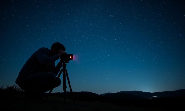 A serene night landscape with a clear sky filled with countless twinkling stars, perfectly focused in vibrant detail. In the foreground, a professional photographer crouches beside a tripod-mounted DSLR camera, adjusting the focus, dressed in modest casual clothing. The camera lens is illuminated by a soft glow from a red flashlight. In the middle ground, a silhouette of rolling hills gently undulates, contrasted against the starry sky. In the background, a distant mountain range adds depth to the scene. The atmosphere is calm and contemplative, with a cool color palette highlighting the ethereal beauty of the night. Emphasize the rich textures of the stars and the subtle reflections of light, capturing the essence of focusing on celestial wonders. A serene night landscape with a clear sky filled with countless twinkling stars, perfectly focused in vibrant detail. In the foreground, a professional photographer crouches beside a tripod-mounted DSLR camera, adjusting the focus, dressed in modest casual clothing. The camera lens is illuminated by a soft glow from a red flashlight. In the middle ground, a silhouette of rolling hills gently undulates, contrasted against the starry sky. In the background, a distant mountain range adds depth to the scene. The atmosphere is calm and contemplative, with a cool color palette highlighting the ethereal beauty of the night. Emphasize the rich textures of the stars and the subtle reflections of light, capturing the essence of focusing on celestial wonders.