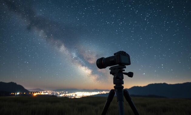 A serene night sky filled with countless stars and the Milky Way galaxy sprawling across the horizon. In the foreground, a sturdy star tracker mount is set up on a tripod, with a high-quality DSLR camera attached, focused on the celestial display. The camera lens is slightly pointed upward, capturing the brilliance of the stars. In the middle ground, soft grassy terrain is illuminated by the gentle glow of light pollution from a distant city, adding a subtle contrast to the darkness. The background features silhouetted mountains framing the scene, under a clear starry sky. The atmosphere is calm and contemplative, inviting viewers to imagine themselves as cosmic explorers, experiencing the beauty and vastness of the universe. The lighting is soft and natural, emphasizing the twinkling stars and the clarity of the night sky. A serene night sky filled with countless stars and the Milky Way galaxy sprawling across the horizon. In the foreground, a sturdy star tracker mount is set up on a tripod, with a high-quality DSLR camera attached, focused on the celestial display. The camera lens is slightly pointed upward, capturing the brilliance of the stars. In the middle ground, soft grassy terrain is illuminated by the gentle glow of light pollution from a distant city, adding a subtle contrast to the darkness. The background features silhouetted mountains framing the scene, under a clear starry sky. The atmosphere is calm and contemplative, inviting viewers to imagine themselves as cosmic explorers, experiencing the beauty and vastness of the universe. The lighting is soft and natural, emphasizing the twinkling stars and the clarity of the night sky.