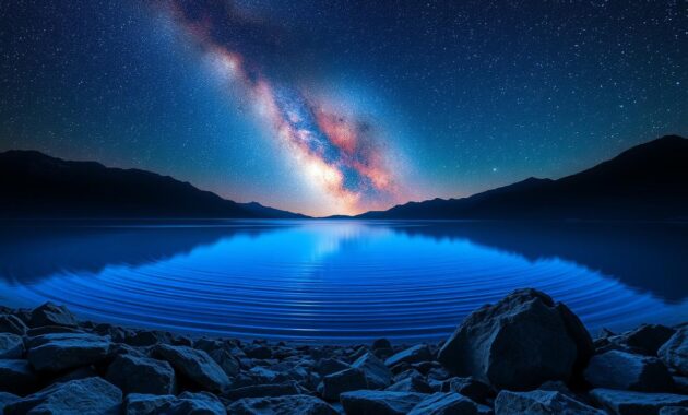 A serene nightscape depicting a breathtaking view of the Milky Way stretching across a clear, starry sky. In the foreground, there are rocky hills illuminated by soft blue and purple moonlight, casting long shadows. In the middle ground, a calm lake reflects the dazzling array of stars and cosmic colors, with slight ripples creating a gentle distortion on the water's surface. The background features towering mountains silhouetted against the night sky, enhancing the grandeur of the scene. The overall atmosphere exudes tranquility and awe, showcasing the beauty of astrophotography with a focus on post-processing techniques such as highlighting the colors of the sky and enhancing star visibility. The lighting should be balanced, creating a harmonious blend of natural and enhanced elements, without any text or watermarks. A serene nightscape depicting a breathtaking view of the Milky Way stretching across a clear, starry sky. In the foreground, there are rocky hills illuminated by soft blue and purple moonlight, casting long shadows. In the middle ground, a calm lake reflects the dazzling array of stars and cosmic colors, with slight ripples creating a gentle distortion on the water's surface. The background features towering mountains silhouetted against the night sky, enhancing the grandeur of the scene. The overall atmosphere exudes tranquility and awe, showcasing the beauty of astrophotography with a focus on post-processing techniques such as highlighting the colors of the sky and enhancing star visibility. The lighting should be balanced, creating a harmonious blend of natural and enhanced elements, without any text or watermarks.