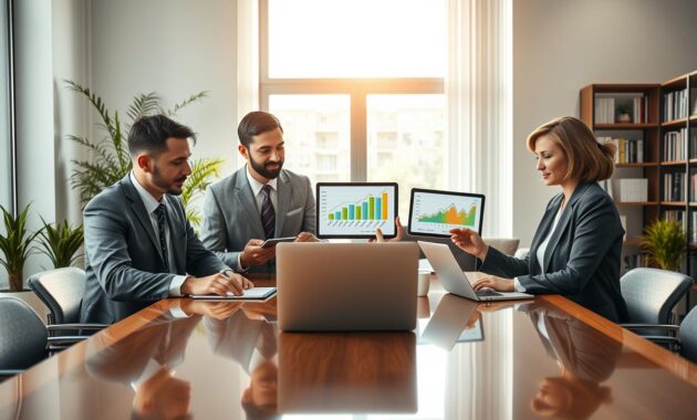 A serene office environment emphasizing retirement planning through mutual funds. In the foreground, a diverse group of three professionals—two men in business suits and a woman in a smart blouse—are gathered around a polished conference table. They are intently reviewing colorful financial charts and graphs on tablets and a laptop, symbolizing mutual fund growth. In the middle, a large window allows soft, natural light to illuminate the space, casting a warm glow over the team, suggesting optimism and focus on the future. The background features potted plants and a modern bookshelf filled with financial literature, enhancing the intellectual atmosphere. The overall mood is one of collaboration and strategic planning, designed to inspire confidence in potential investors aiming for a secure retirement. A serene office environment emphasizing retirement planning through mutual funds. In the foreground, a diverse group of three professionals—two men in business suits and a woman in a smart blouse—are gathered around a polished conference table. They are intently reviewing colorful financial charts and graphs on tablets and a laptop, symbolizing mutual fund growth. In the middle, a large window allows soft, natural light to illuminate the space, casting a warm glow over the team, suggesting optimism and focus on the future. The background features potted plants and a modern bookshelf filled with financial literature, enhancing the intellectual atmosphere. The overall mood is one of collaboration and strategic planning, designed to inspire confidence in potential investors aiming for a secure retirement.