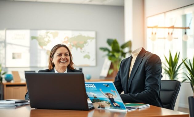 A serene travel support center scene, featuring a professional travel advisor at a desk in the foreground. The advisor, dressed in smart business attire, is engaged in a friendly conversation with a traveler, who appears relieved and optimistic. In the middle ground, various travel brochures and a laptop display positive travel experiences. The background showcases a bright, welcoming office environment with plants and a world map on the wall. Soft, natural lighting floods the scene, creating an inviting atmosphere. The camera angle is slightly above eye level, capturing both the travel advisor&rsquo;s warm smile and the traveler&rsquo;s sense of security. The overall mood is reassuring and supportive, reflecting a commitment to peace of mind for travelers.