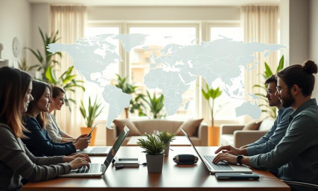 A serene workspace scene illustrating the global remote work landscape. In the foreground, a diverse group of professionals dressed in smart casual attire is engaged in virtual meetings, with laptops and digital devices in front of them. In the middle ground, a world map is displayed prominently, showing various time zones and continents connected by digital lines representing communication. The background features a bright, inviting home office space with plants and comfortable furniture, illuminated by soft, natural daylight streaming through a window. The overall atmosphere conveys productivity, collaboration, and a sense of global connectivity, emphasizing the modern remote work experience. The angle captures the vibrant energy of teamwork while maintaining a clean, professional look. A serene workspace scene illustrating the global remote work landscape. In the foreground, a diverse group of professionals dressed in smart casual attire is engaged in virtual meetings, with laptops and digital devices in front of them. In the middle ground, a world map is displayed prominently, showing various time zones and continents connected by digital lines representing communication. The background features a bright, inviting home office space with plants and comfortable furniture, illuminated by soft, natural daylight streaming through a window. The overall atmosphere conveys productivity, collaboration, and a sense of global connectivity, emphasizing the modern remote work experience. The angle captures the vibrant energy of teamwork while maintaining a clean, professional look.