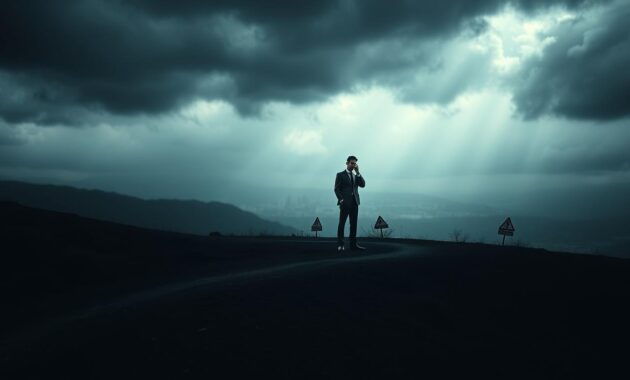 A shadowy landscape representing hidden dangers in mutual funds. In the foreground, a dark, twisting path symbolizes the journey of an investor, with various warning signs subtly embedded in the scenery, such as graphs and charts depicting downturns. In the middle ground, a figure dressed in professional business attire stands cautiously, peering into the distance, symbolizing an apprehensive investor. The background features a hazy skyline representing the financial market, blurred to create a sense of uncertainty, with ominous storm clouds gathering overhead, casting a dim light. The overall mood is tense and foreboding, suggesting the volatility and unseen risks lurking in mutual fund investments. Soft, dramatic lighting highlights the figure&rsquo;s expression of concern amidst the shadows.
