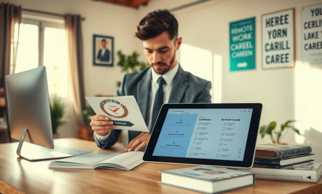 A spacious home office setting with a large desk and a computer screen displaying a certification badge. In the foreground, a focused individual dressed in professional business attire examines study materials, highlighting a certification checklist. In the middle ground, a digital tablet shows online certification courses, surrounded by books on remote work and career development. The background features a window with natural light streaming in, plants for a touch of greenery, and motivational posters on the wall emphasizing career growth. Soft, warm lighting creates an inviting atmosphere, capturing the essence of a productive remote working environment. The overall mood is of determination and professionalism, embodying the journey of certification for a flexible career. A spacious home office setting with a large desk and a computer screen displaying a certification badge. In the foreground, a focused individual dressed in professional business attire examines study materials, highlighting a certification checklist. In the middle ground, a digital tablet shows online certification courses, surrounded by books on remote work and career development. The background features a window with natural light streaming in, plants for a touch of greenery, and motivational posters on the wall emphasizing career growth. Soft, warm lighting creates an inviting atmosphere, capturing the essence of a productive remote working environment. The overall mood is of determination and professionalism, embodying the journey of certification for a flexible career.