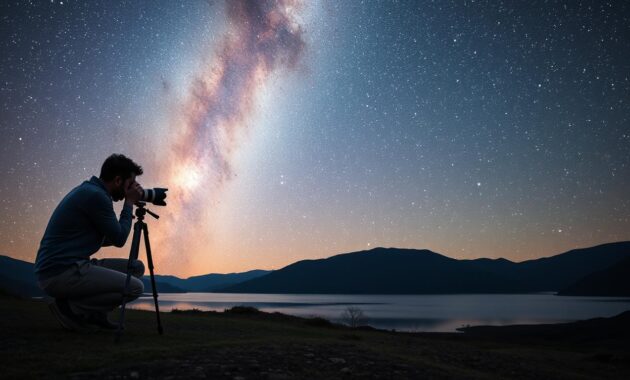 A stunning nighttime landscape showcasing the Milky Way stretching across a clear starry sky. In the foreground, a professional photographer is kneeling with a camera on a tripod, equipped with a wide-angle lens. They are dressed in modest casual clothing, intently adjusting settings. The middle ground features a picturesque silhouette of rolling hills, while a serene lake reflects the brilliant colors of the stars above. The background highlights the Milky Way, rich with swirling galaxies and bright stars, casting a soft glow on the scene. The atmosphere is tranquil and inspiring, with deep blues and purples contrasting against the sparkling white stars, evoking a sense of awe and wonder for capturing the cosmos. A stunning nighttime landscape showcasing the Milky Way stretching across a clear starry sky. In the foreground, a professional photographer is kneeling with a camera on a tripod, equipped with a wide-angle lens. They are dressed in modest casual clothing, intently adjusting settings. The middle ground features a picturesque silhouette of rolling hills, while a serene lake reflects the brilliant colors of the stars above. The background highlights the Milky Way, rich with swirling galaxies and bright stars, casting a soft glow on the scene. The atmosphere is tranquil and inspiring, with deep blues and purples contrasting against the sparkling white stars, evoking a sense of awe and wonder for capturing the cosmos.
