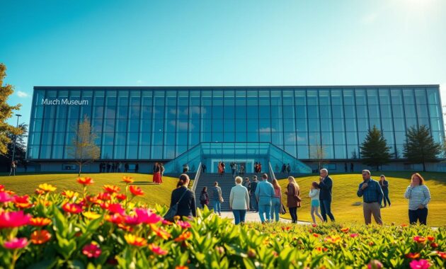 A stunning view of the Munch Museum in Oslo, Norway, showcasing its modern architecture with large glass panels reflecting the sky. In the foreground, lush green landscapes with vibrant flowers frame the museum, inviting visitors towards its entrance. The middle ground features people of diverse backgrounds casually enjoying the surroundings, wearing casual, modest clothing, some engaging in conversation, and others taking photos. In the background, a clear blue sky complemented by soft, golden sunlight casts a warm glow over the scene. The angle captures the museum from a slight elevation, emphasizing its impressive size and unique design, while creating a mood of cultural appreciation and leisurely exploration.
